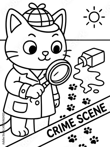 Detective Cat: A clever cartoon cat dressed as a detective, investigating a crime scene with magnifying glass in hand. Explore the mystery with this clever feline.