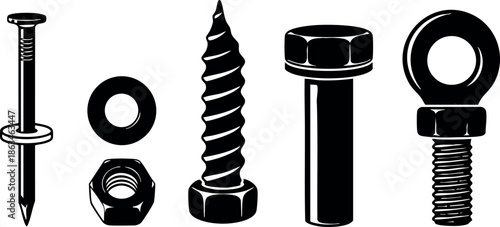 Various fasteners nail screw bolt nut and eye bolt vector illustration black and white 