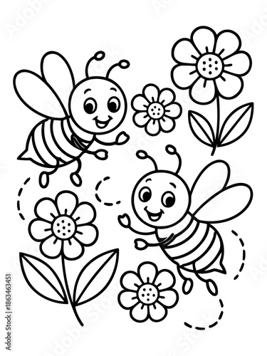 Buzzing Companions: Whimsical bees frolic amidst charming flowers in a delightful scene, capturing the essence of spring's playful spirit.