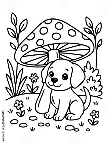 Puppy's Cozy Spot: A charming puppy sits contentedly in a whimsical setting beneath a mushroom, surrounded by cheerful flowers and foliage, evoking a sense of gentle innocence and playfulness.