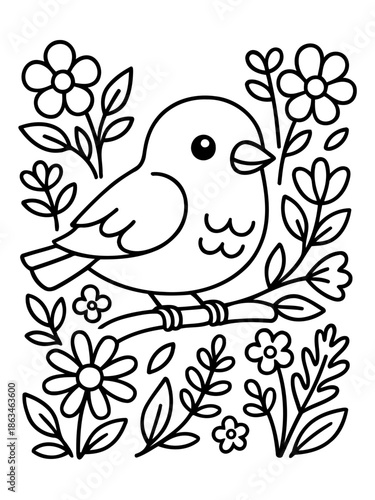 Whimsical Bird Sanctuary: An adorable bird perches gracefully on a branch, surrounded by delicate floral elements, creating a charming scene of tranquility and natural beauty.