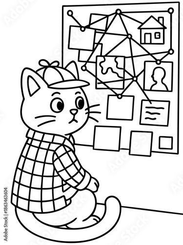 Detective Cat's Investigation: A clever cartoon cat dressed as a detective, gazing intently at an investigation board. The illustration is black and white, it creates a sense of intrigue.