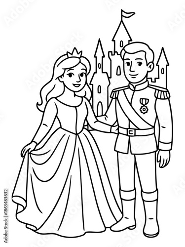 Royal Couple’s Grace: A depiction of a prince and princess standing in front of a majestic castle, showcasing a moment of regal elegance and fairy tale charm.