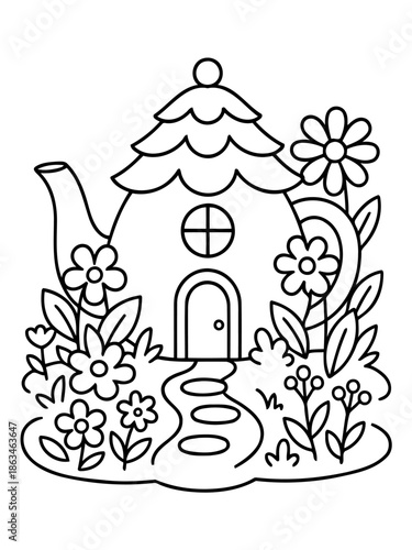 Whimsical Teapot Cottage: A charming black and white illustration of a fanciful teapot transformed into a cozy cottage, surrounded by blooming flowers and a meandering stone path.