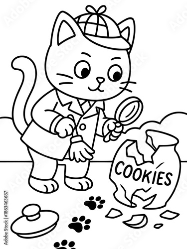 Cookie Caper: A curious cartoon cat, dressed as a detective, investigates a cookie crime scene with a magnifying glass, searching for clues alongside paw prints, adding a touch of humor and mystery.