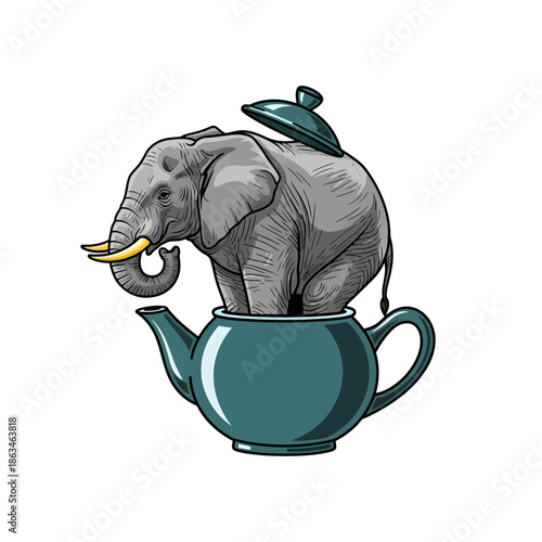 A whimsical and humorous illustration depicting a large, detailed elephant comically squeezed inside a small, elegant teal teapot with its lid askew.