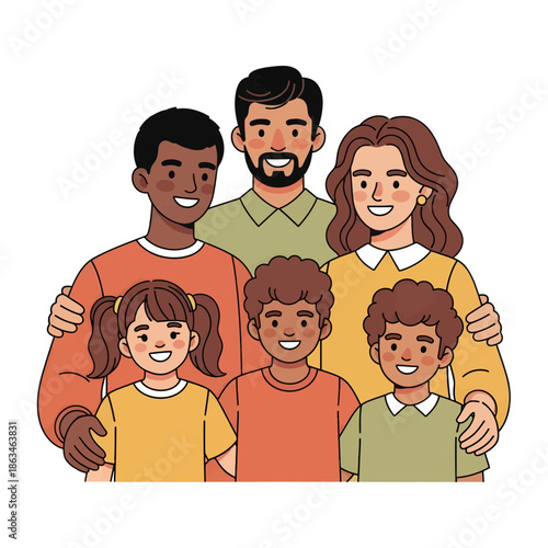 A heartwarming illustration portraying a happy and diverse family of six, including two parents and four children, smiling together with affection and unity.