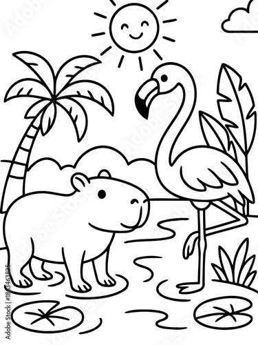 Whimsical Wildlife Illustration: A playful flamingo and capybara share a sunny day. Amidst playful vibes of tropical plants. This illustration captures the innocence of the natural world.