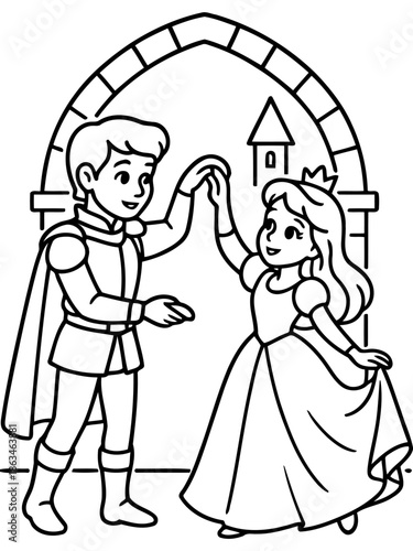 Royal Dance: A prince and princess gracefully dance in a grand hall, a fairytale scene of elegance and romance.