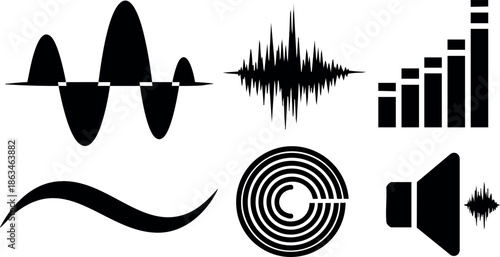 Sound waveforms and audio signal icons in black vector illustration set 
