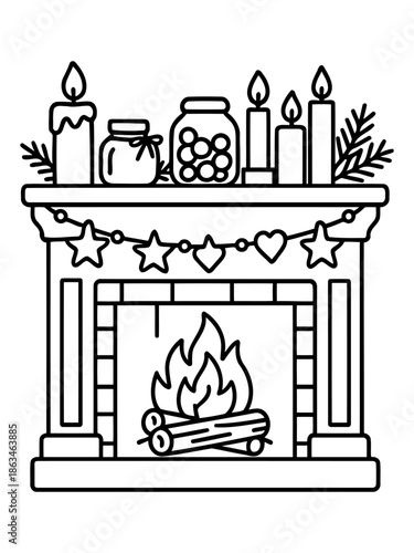 Cozy Hearth: A comforting illustration of a fireplace, adorned with candles, decorative jars, and festive ornaments, evoking warmth and the spirit of the season.