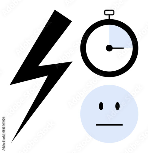 Speed, time tracking, productivity, emotion analysis, stress management, efficiency. A lightning bolt, stopwatch and neutral face icon. Speed and time tracking symbols for conceptual and practical