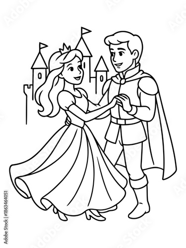 Enchanting Dance in Fairytale: A prince and princess, lost in a waltz of dreams and joy against the backdrop of a fairytale castle, each movement whispers of timeless romance and untold stories.