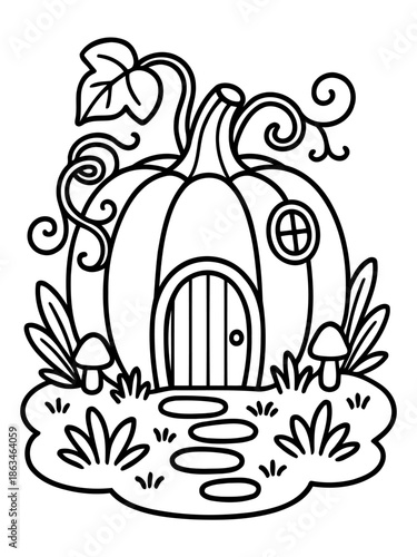 Whimsical Pumpkin Home: A charming illustration depicts a pumpkin transformed into a cozy home, with a whimsical door, tiny window, and flourishing vines, inviting a sense of fairy-tale wonder.