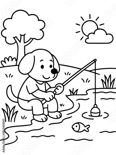 Dog's Fishing Adventure: A cheerful canine joyfully casts a line into a calm pond, anticipating a successful catch, with a charming tree and a gentle sun setting the stage for a delightful day.
