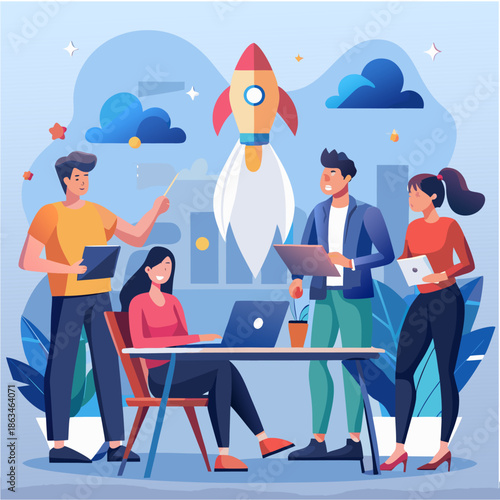 llustration of a startup team discussing ideas and planning strategies 2