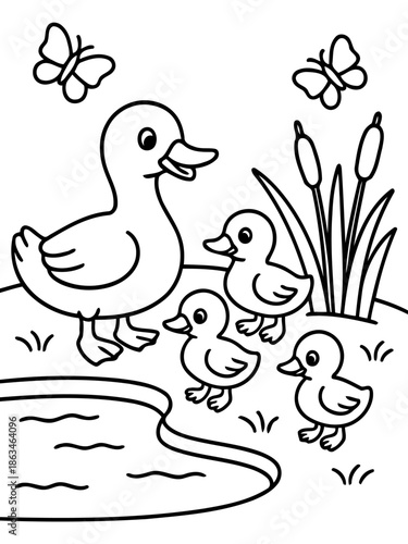 Duck Family Coloring Page: A charming illustration depicts a duck family enjoying a day out. The scene is filled with simple elements, inviting creativity and relaxation.