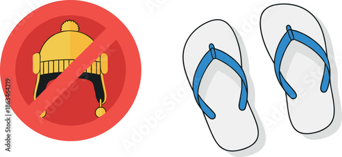 Vector Illustration of a Red Prohibition Sign for No Winter Hat/Beanie Next to a Pair of Blue Flip-Flops, Ideal for Dress Code, Season, and Travel Graphics.