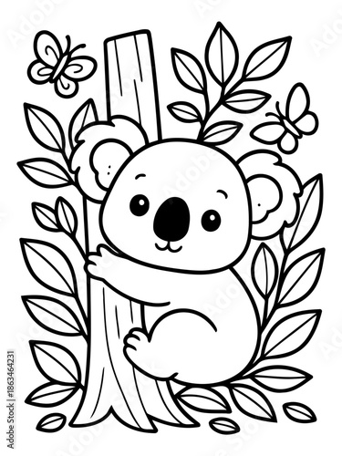 Koala and Butterflies: A charming outline image of a cuddly koala clinging to a tree, surrounded by playful butterflies, creating a scene of innocent joy and gentle companionship.