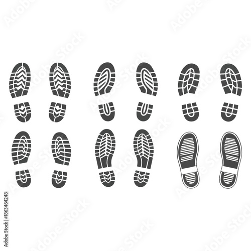 Various types of human shoe prints showing different sole patterns