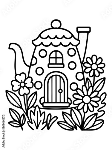 Whimsical Teapot Cottage: A charming teapot transformed into a cozy cottage, nestled amidst floral blooms and verdant foliage, offering a touch of whimsy.