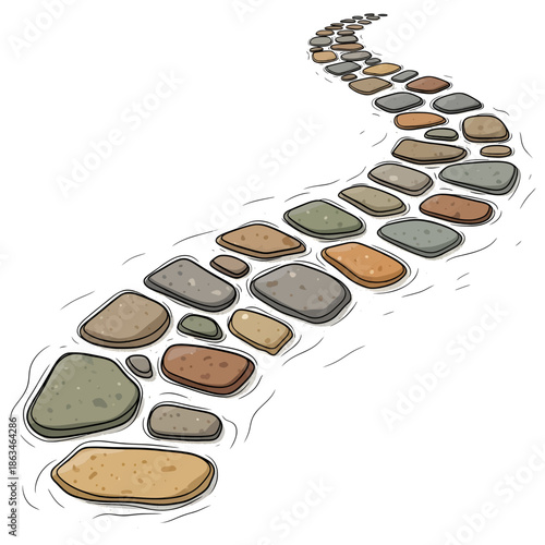 A gracefully winding stone path, composed of various irregularly shaped and colored pebbles and stepping stones, meanders across a plain white background, symbolizing progress and a journey.