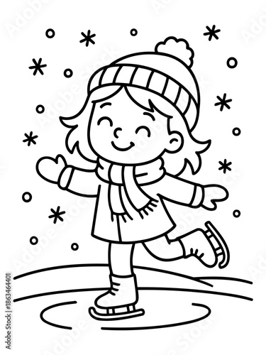 Skating Joy: A charming illustration captures the simple joy of winter, with a young child gliding gracefully on ice, surrounded by gently falling snowflakes. 
