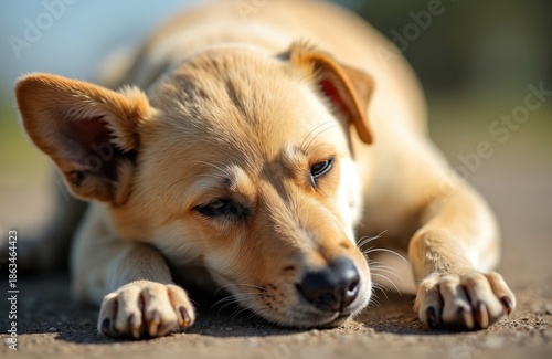 Sick puppy rests its head on the ground. Its eyes look tired and sad. The small dog appears weak. Canine illness symptoms are visible on its face.