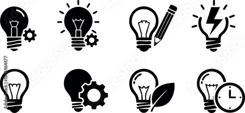 Light Bulb Icons with Gear Leaf Clock and Pencil Symbols for Innovation and Ideas Vector 