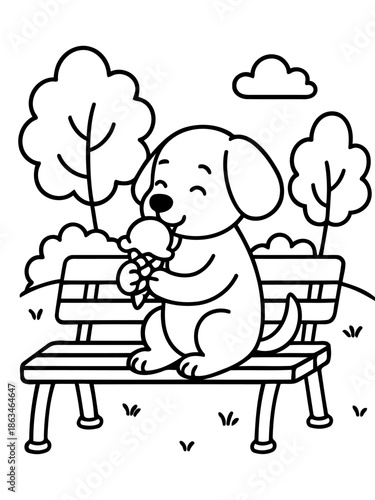 Joyful Puppy and Ice Cream Delight: A cute puppy, sitting on a bench in a serene park, happily devours a delicious ice cream cone. capturing the essence of pure joy and summer sweetness.