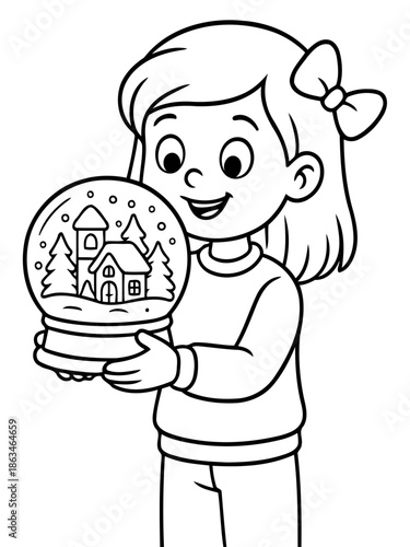 Winter Wonderland in a Globe: A young girl gazes with delight at a snow globe, a miniature winter scene capturing her imagination with a charming house and frosted trees. 