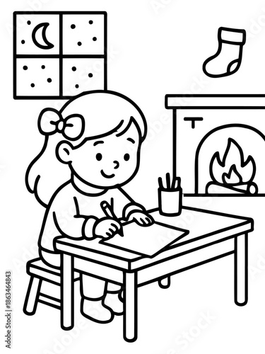 Christmas Wish List: A cheerful little girl, nestled in a cozy setting, pens a heartfelt letter, her eyes sparkling with dreams of Christmas wishes. Awaiting festive season.