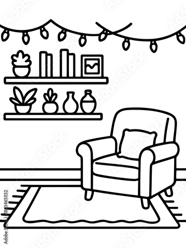 Cozy Corner Coloring Page: A delightful illustration of a comfortable armchair, adorned with a decorative pillow, positioned on a patterned rug, creating a serene ambiance for relaxation. 
