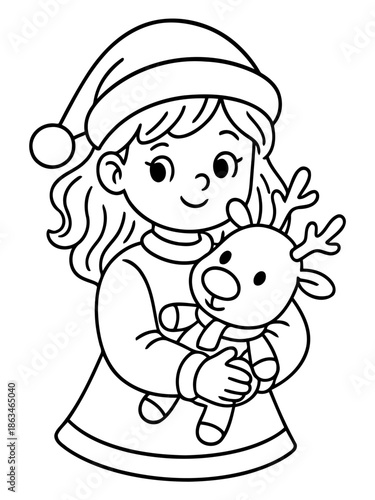 Cozy Christmas Cheer: A charming girl embraces the holiday spirit, holding a cuddly reindeer toy with a Santa hat. This heartwarming scene captures the joy and wonder of the festive season.
