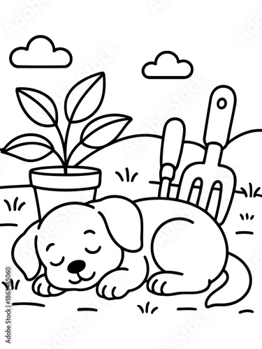 Restful Puppy with Garden Tools: A serene illustration shows a cute puppy napping peacefully beside gardening tools and a potted plant, evoking a sense of calm and the simple joys of a garden.