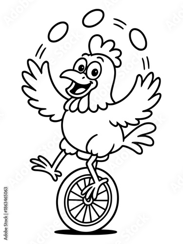 Chicken Balancing Act: A cheerful chicken skillfully balances on a unicycle while juggling eggs, a whimsical illustration of dexterity, playfulness, and the unexpected.