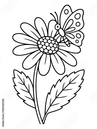 Butterflies Embrace Flower: A delightful outline, depicting a vibrant butterfly, gracefully settled atop a delicate daisy, showcasing the enchantment of flora.
