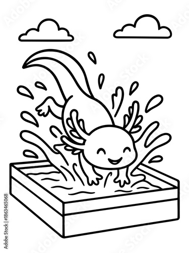 Axolotl's Playful Dive: An axolotl jumps into water, splashing joyfully amidst serene clouds. This illustration captures the pure joy and playful spirit.