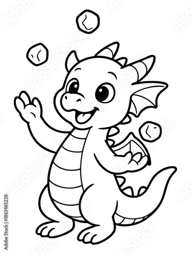Whimsical Dragon: A charming and playful dragon juggles small spheres, exuding joy and wonder. A delightful illustration for children's books or designs. 