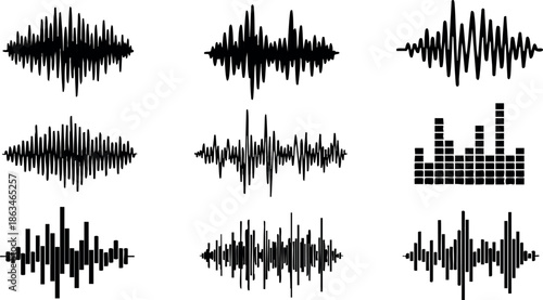 Audio waveforms and equalizer vector set with black soundbars and signal patterns 