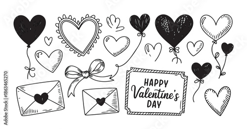 Valentine doodle elements set with heart balloons and letters hand drawn black line vector