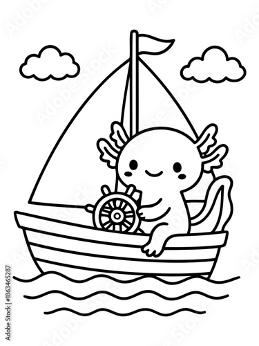 Axolotl Sailing Adventure: A charming cartoon axolotl embarks on a nautical journey, steering a sailboat across gentle waves under a sky dotted with fluffy clouds, ready for adventures on the sea.