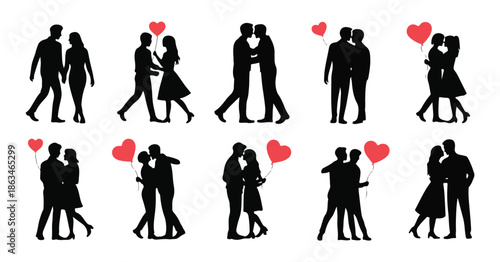 Romantic couples silhouettes collection with red heart balloons for valentines day concept