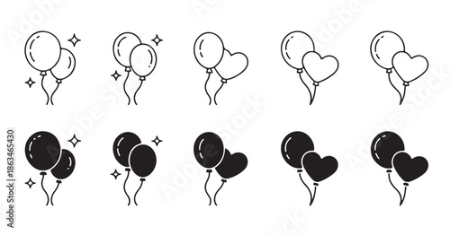 Collection of black and white balloon icon sets for party celebration decoration sparkles