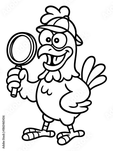 Detective Chicken: A comical illustration of a detective chicken, clutching a magnifying glass, exudes an air of curiosity and investigation.