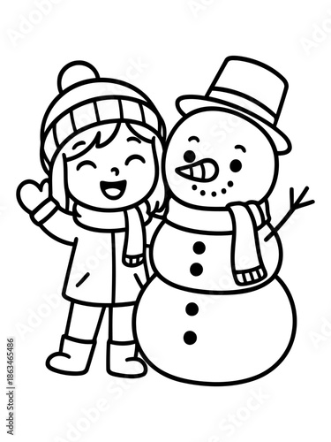 Winter Wonderland: A cheerful child with a warm smile joyfully poses beside a jovial snowman. Evoking the magic and wonder of winter, this charming scene captures the spirit of the season.