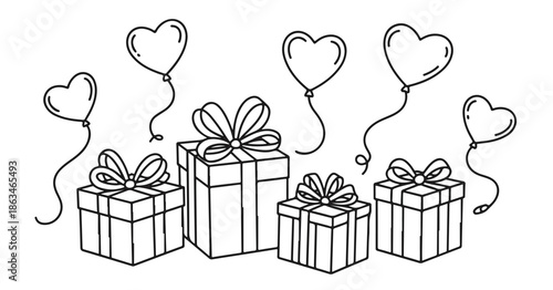 Gift boxes with ribbons and heart shaped balloons for romantic celebration
