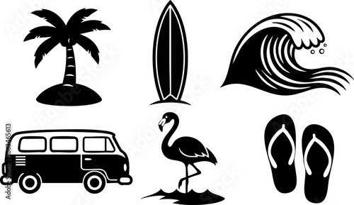Tropical beach icons set with palm tree, surfboard, wave, van, flamingo, and flip flops vector illustration 