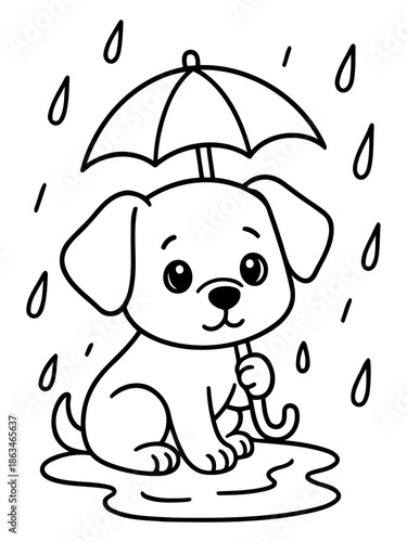 A Rainy Day Companion: A charming illustration of a puppy finding shelter from the rain under an umbrella, radiating an innocent and playful appeal.