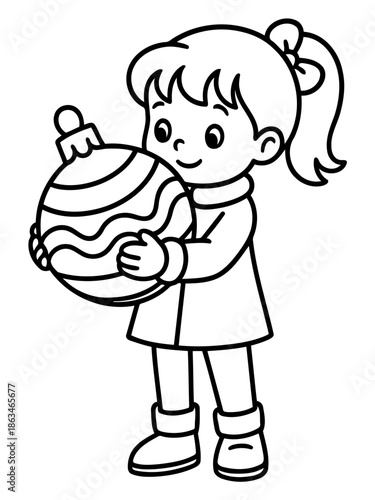 Festive Cheer: A cheerful young girl tenderly holds a colorful ornament. This heartwarming illustration captures the essence of the festive spirit, filled with joy and anticipation.
